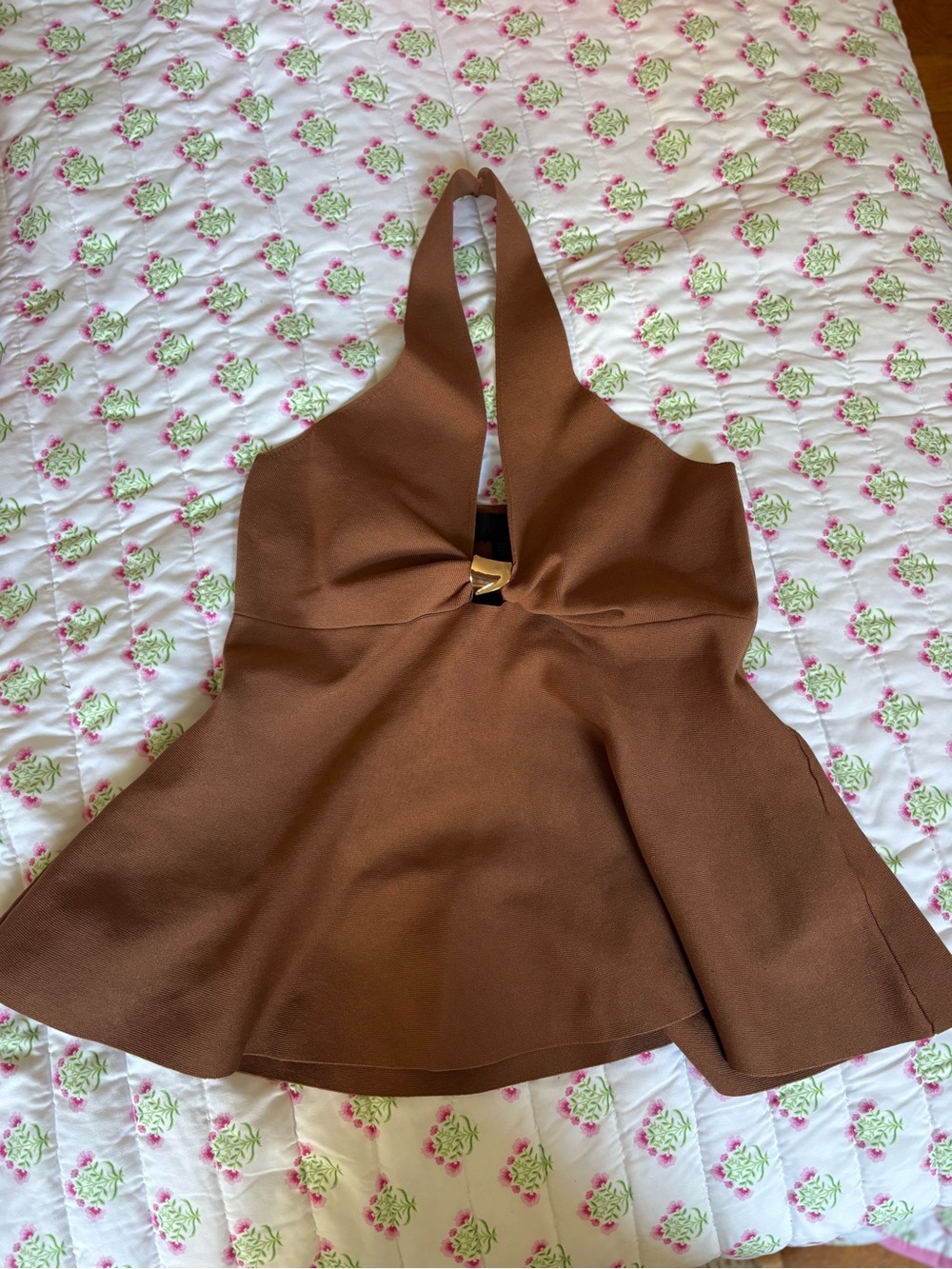 Zara Brown Halter Neck Peplum Tank Top with Gold Accent